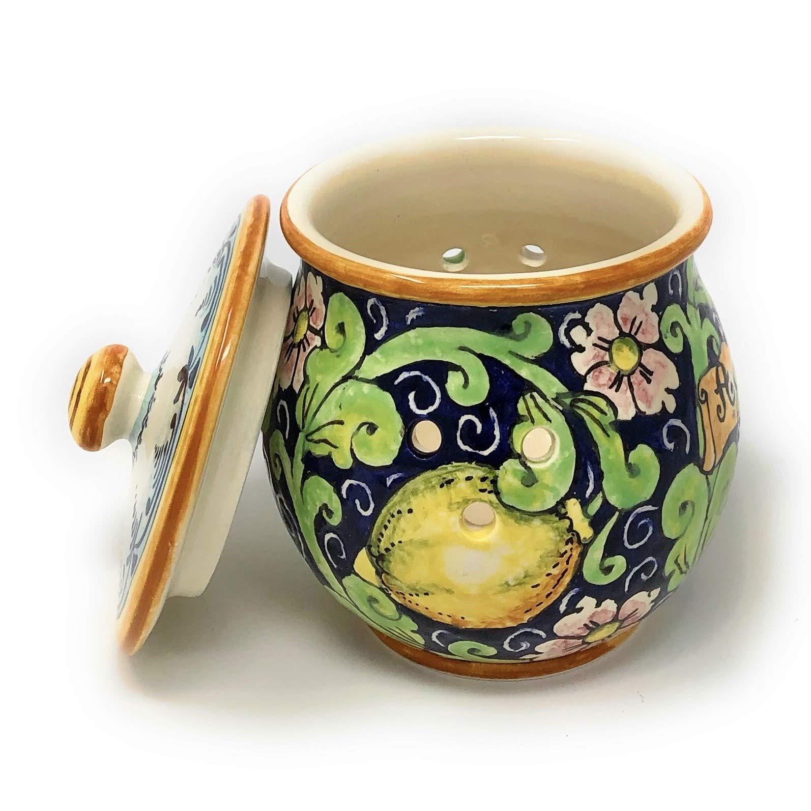 CERAMICHE D'ARTE PARRINI- Italian Ceramic Brings Garlic Jar Holder Hand Painted Decoration Lemons Made in ITALY Tuscan Art Pottery