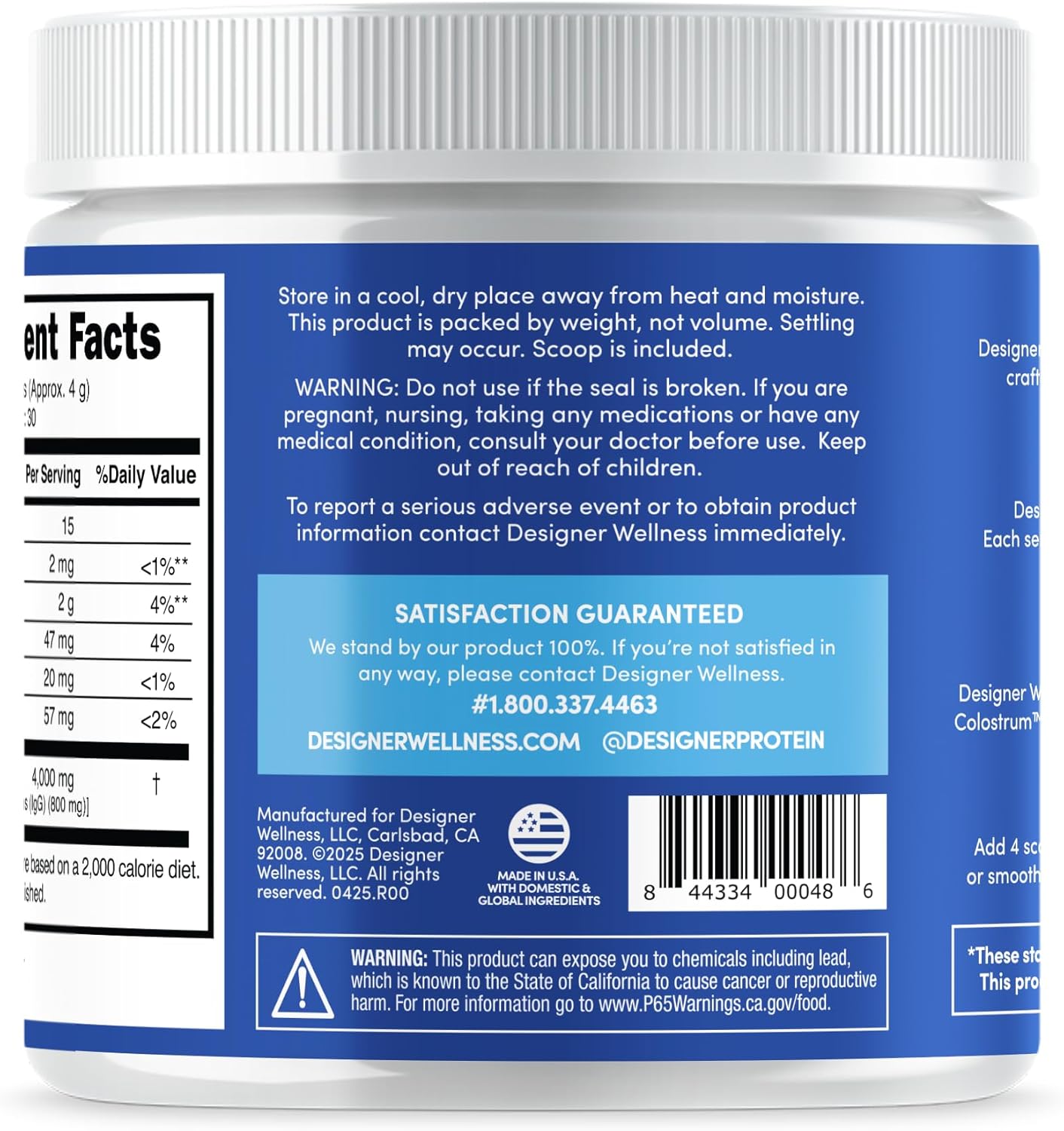 Designer Wellness, Pure Bovine Colostrum Superfood Powder, Gut Health & Bloating, Immune Support, Skin & Hair, Gluten & Fat-Free, Unflavored, 30 Servings