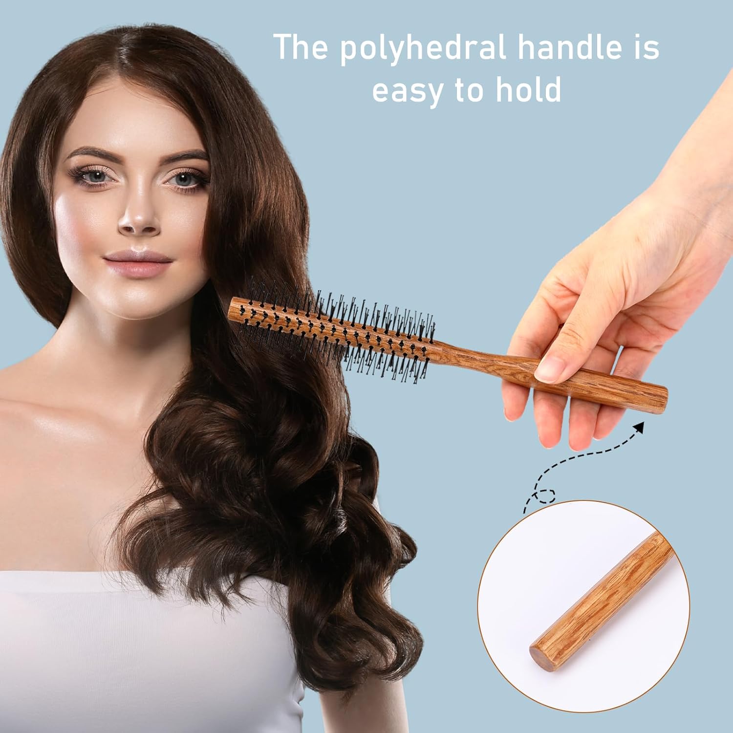 Small Round Hair Brush for Blow Drying, Curling Brush with Wooden Handle & Nylon Bristle, for Wet Hair, Bangs, Beard, Styling, Lifting (Wood Color) - Image 5