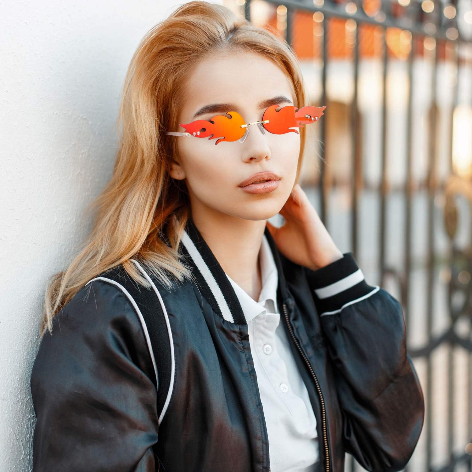 2 Pieces Fire Flame Sunglasses Flame Rimless Sunglasses Rimless Wave Glasses Fire Shape Glasses Eyewear for Party (Red and Silver) - Image 6