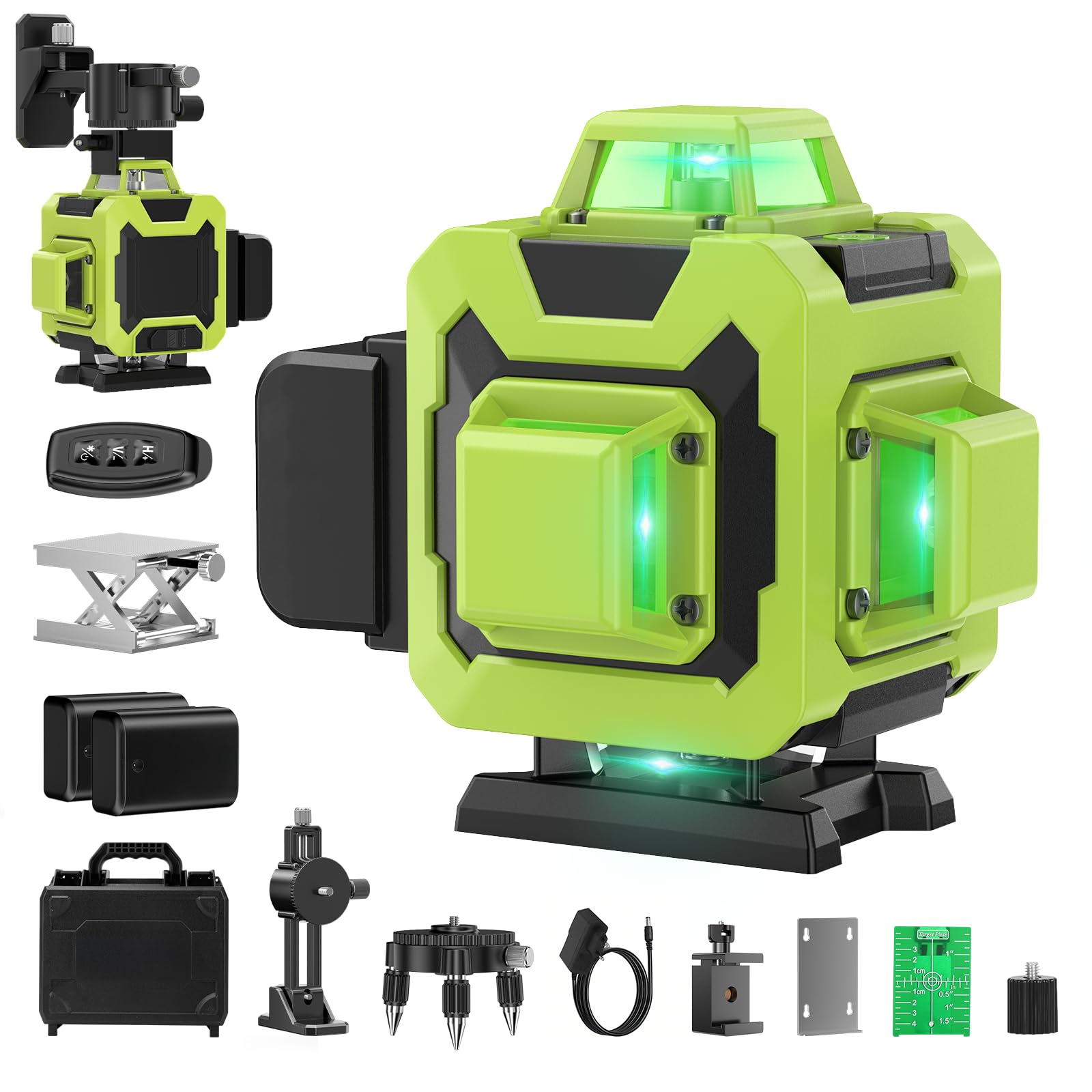 Livella Laser Autolivellante 360° – 16 Linee Verdi, 4×360°, Alta Visibilità, 2 Batterie, Telecomando e Kit Accessori, Ideale per Cartongesso e Pavimenti