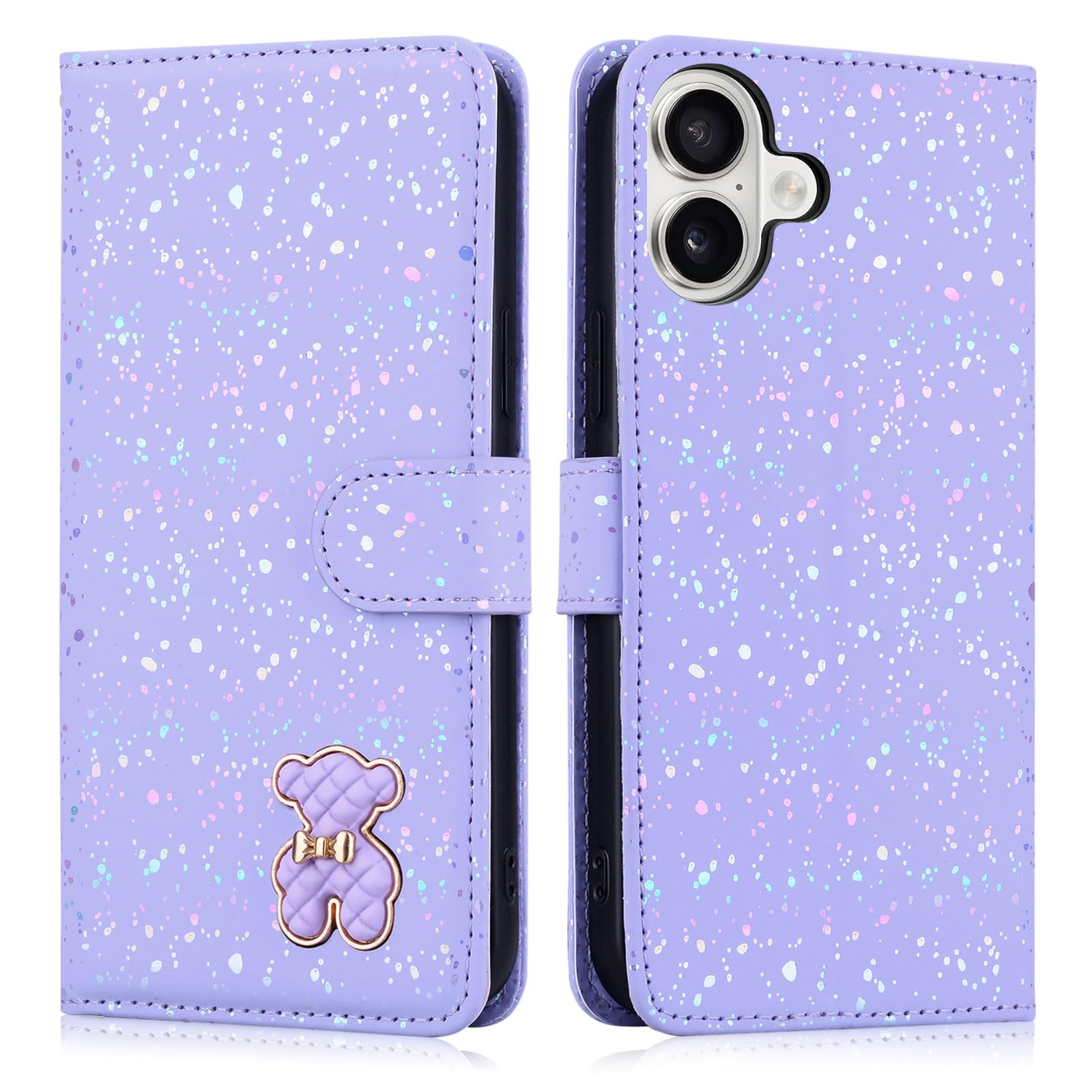 Ailisi Handyhülle für iPhone 16 Plus, Glitzer Cute Bear PU Leder Klappbar Brieftasche Klapphülle Violett Bär Schutzhülle Handytasche Lederhülle Flip Case Cover mit Kartenfach, Kickstand, Violett