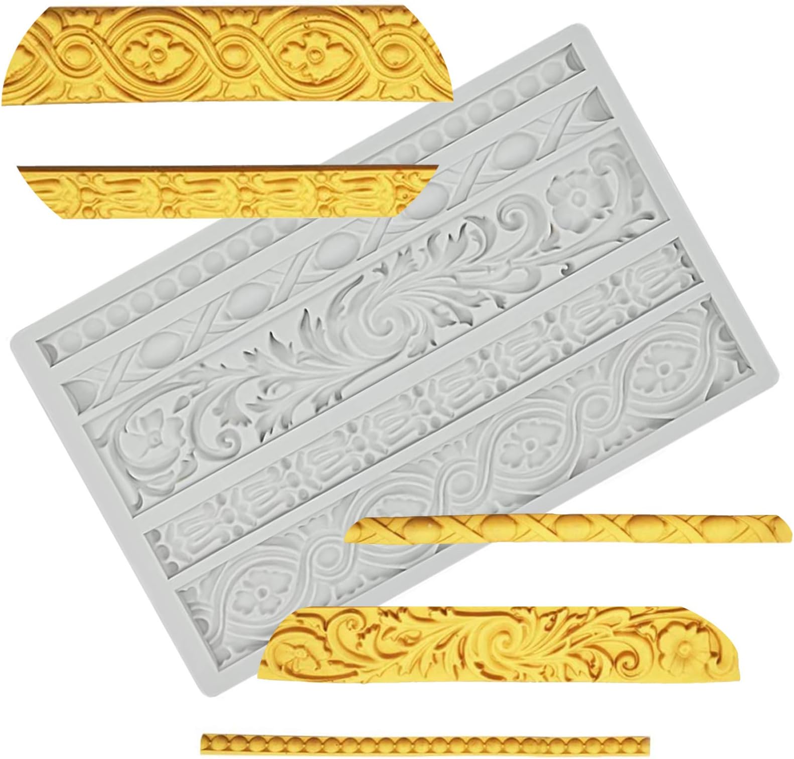 Palksky DIY Baroque Scroll Relief Cake Border Silicone Mold/Vintage Curlicues Fondant Molds Flower Frame Edible Lace Mould Mat for Birthday Candy Chocolate Sugarcraft Gum Paste Decorating Tool