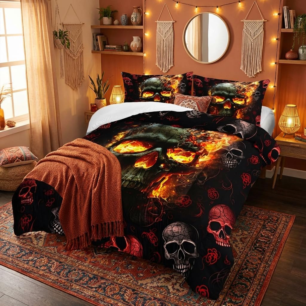 AILONEN Fire Skull Bedding Set Full Size, 3D Skeleton Comforter Set Bedroom Decor Men,Fiery Style Black Tint Soft Breathable Bed in a Bag,3 Pieces,1 Quilt and 2 Pillowcases