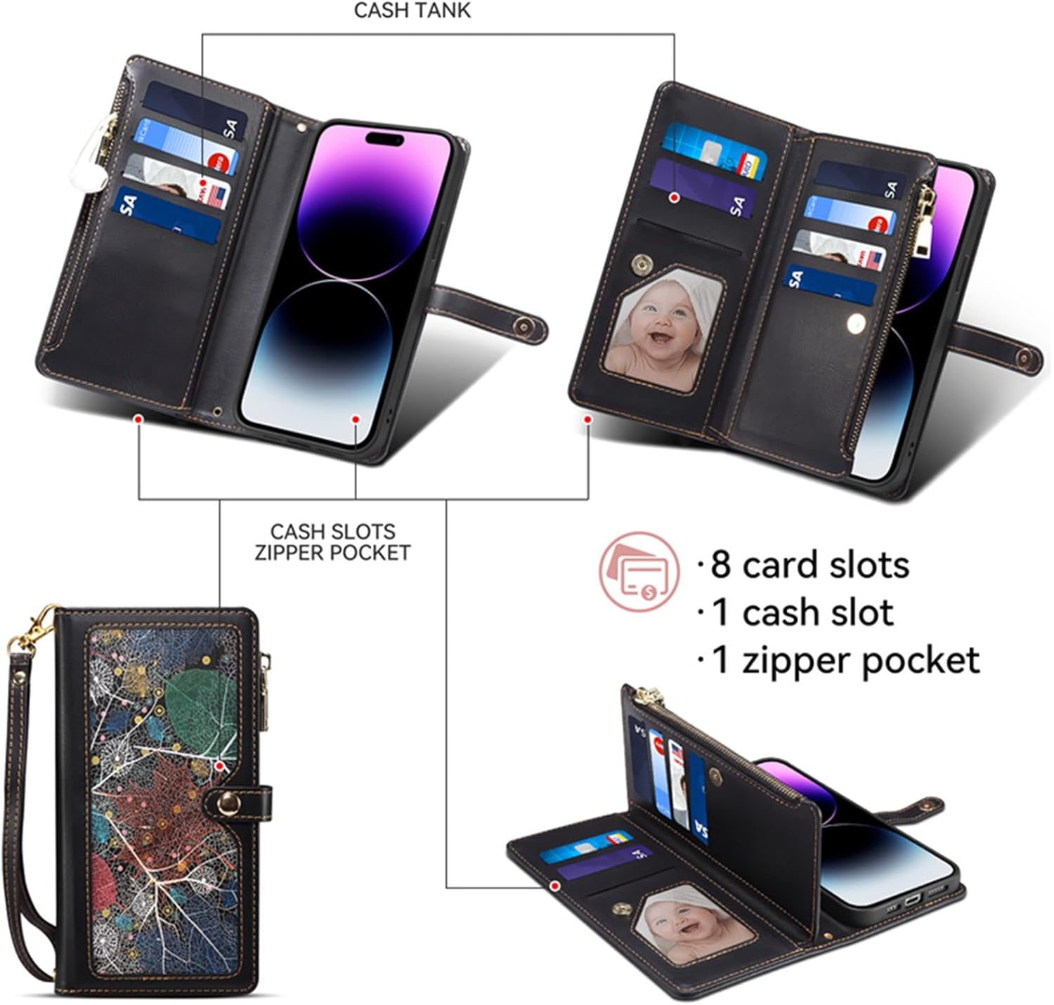 Crossbody Case for iPhone 15 Pro Max/15 Pro/15 Plus/15, RFID Blocking Card Holder PU Leather Magnetic Closure Flip Kickstand Case with Long Shoulder Strap Wristlet