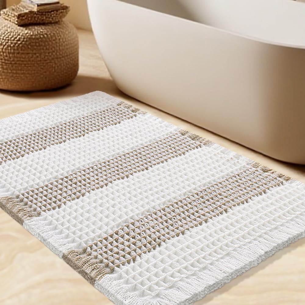 Upgrade Waffle Bath Mat, Boho Bathroom Rugs Absorbent Non Slip, Ultra Soft Bathroom Mat, Machine Washable Knit Bath Rugs with Stripe for Bathroom, Bedroom, Kitchen, Shower,Tub, 24"x17", Beige &amp; White
