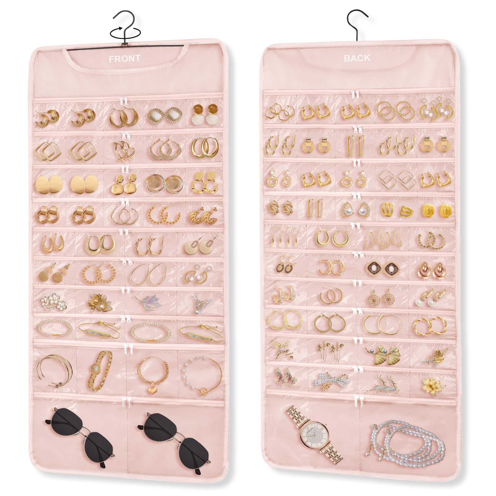 FOREGOER Hanging Jewelry Organizer 88 Zippered Pocket, 2-Sided,1 Pack Pinke