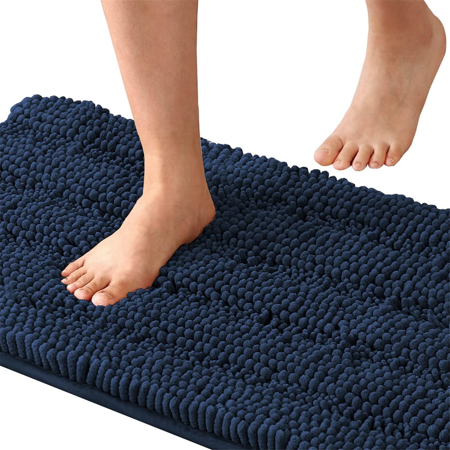 LINFKY Bath Mat Bath Rug for Bathroom Luxury Chenille Striped Bathroom Rug Mat Extra Soft and Absorbent Microfiber Shaggy Rugs Non Slip Rug Quick Dry Bath Mat Washable (Navy,150 x 50 cm)