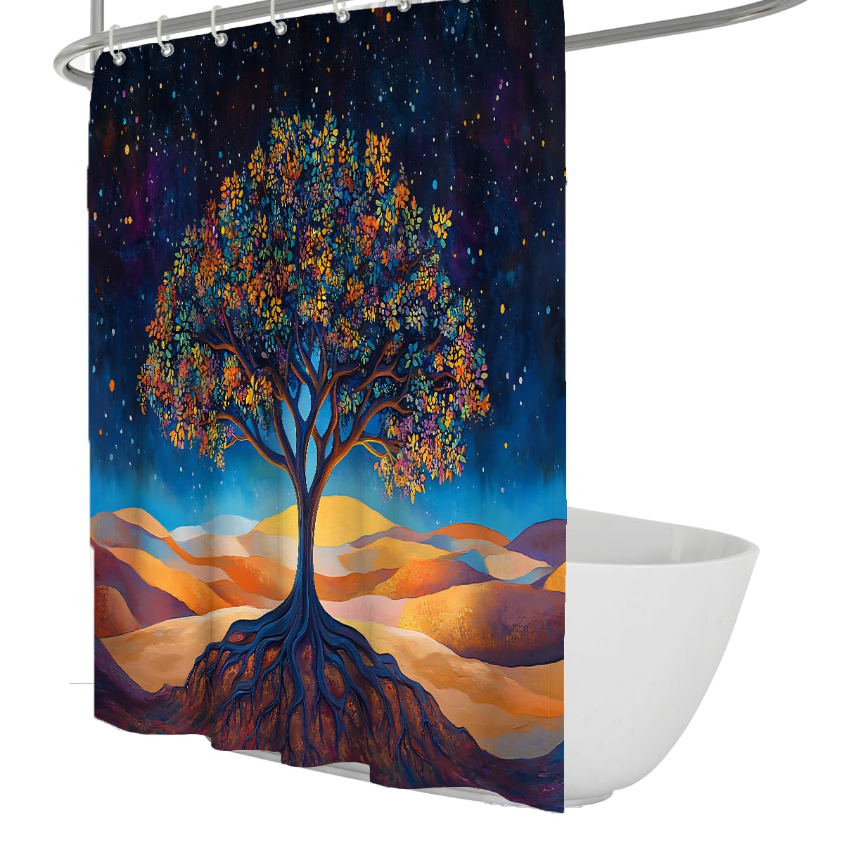 Aesthetic Deep Navy Golden Swirl Tree Shower Curtain Set with Hooks 200x200 Waterproof Washable Polyester Cloth for Modern Home Bathroom Decor