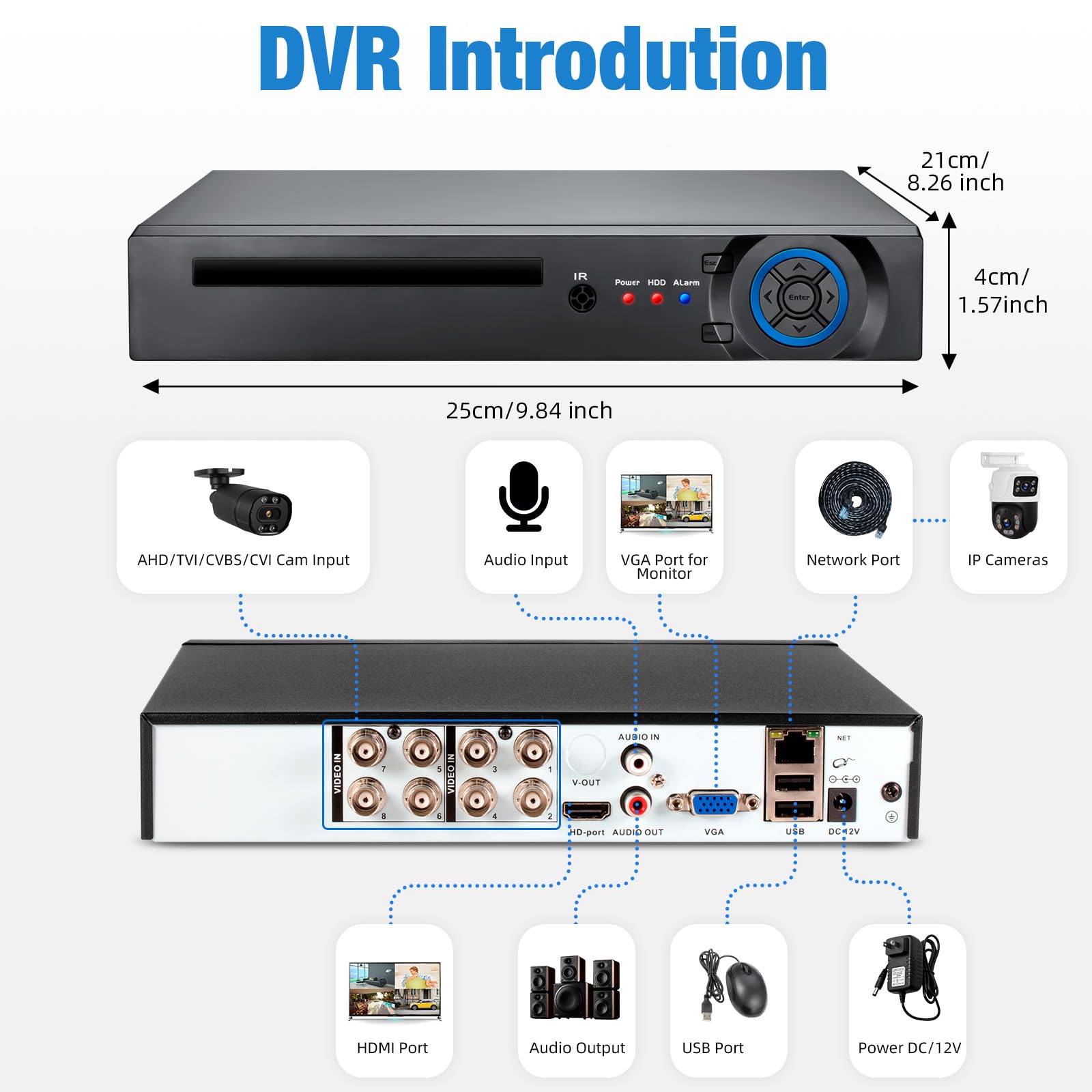 Grabadora de seguridad DVR de 8 canales 1080P con disco duro de 2 TB, DVR con cable para cámara de seguridad, grabadora de video digital híbrida 5 en 1 de 8 canales compatible con cámaras TVI