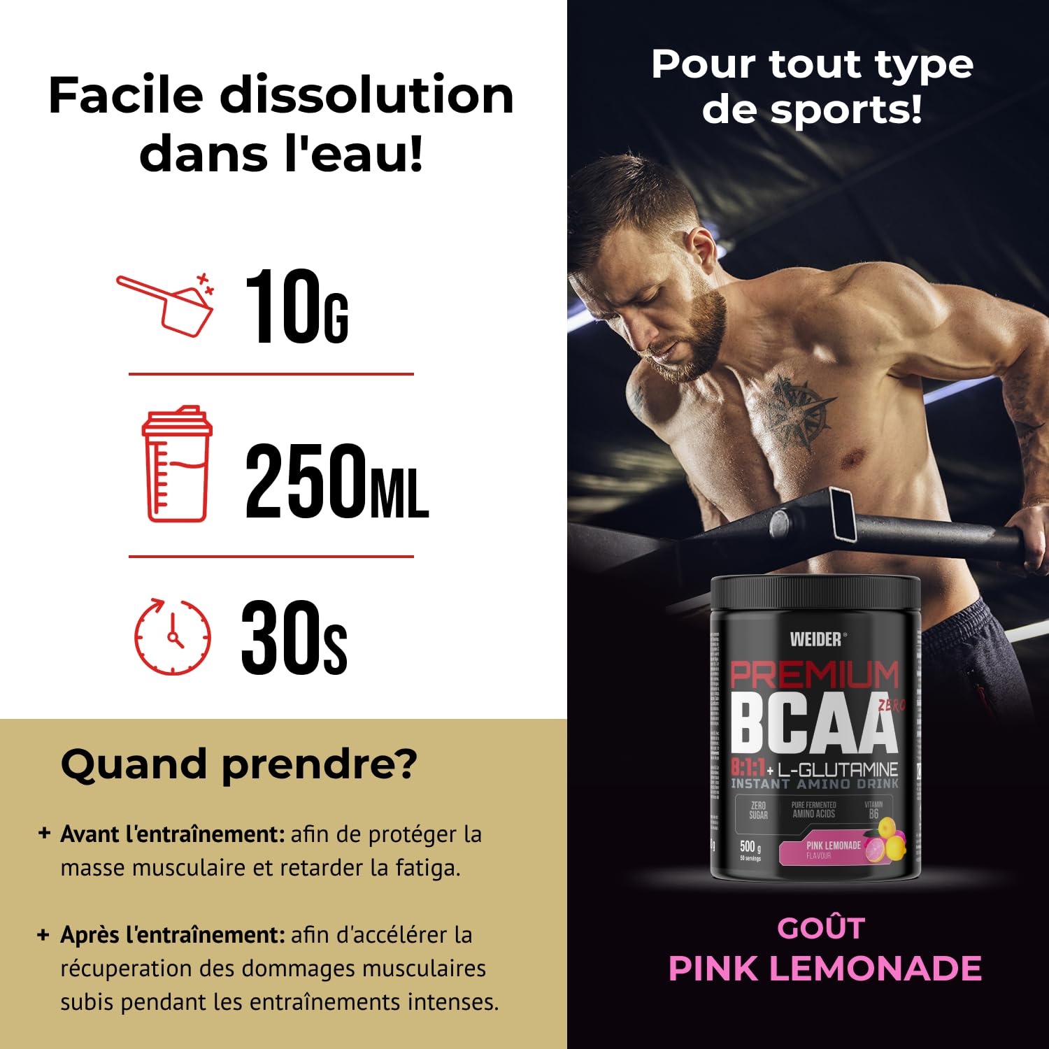 Weider Premium BCAA 8:1:1 + L-Glutamine (500g) Goût Pink Limonade - Avec Vitamine B6, Sans sucre, Vegan