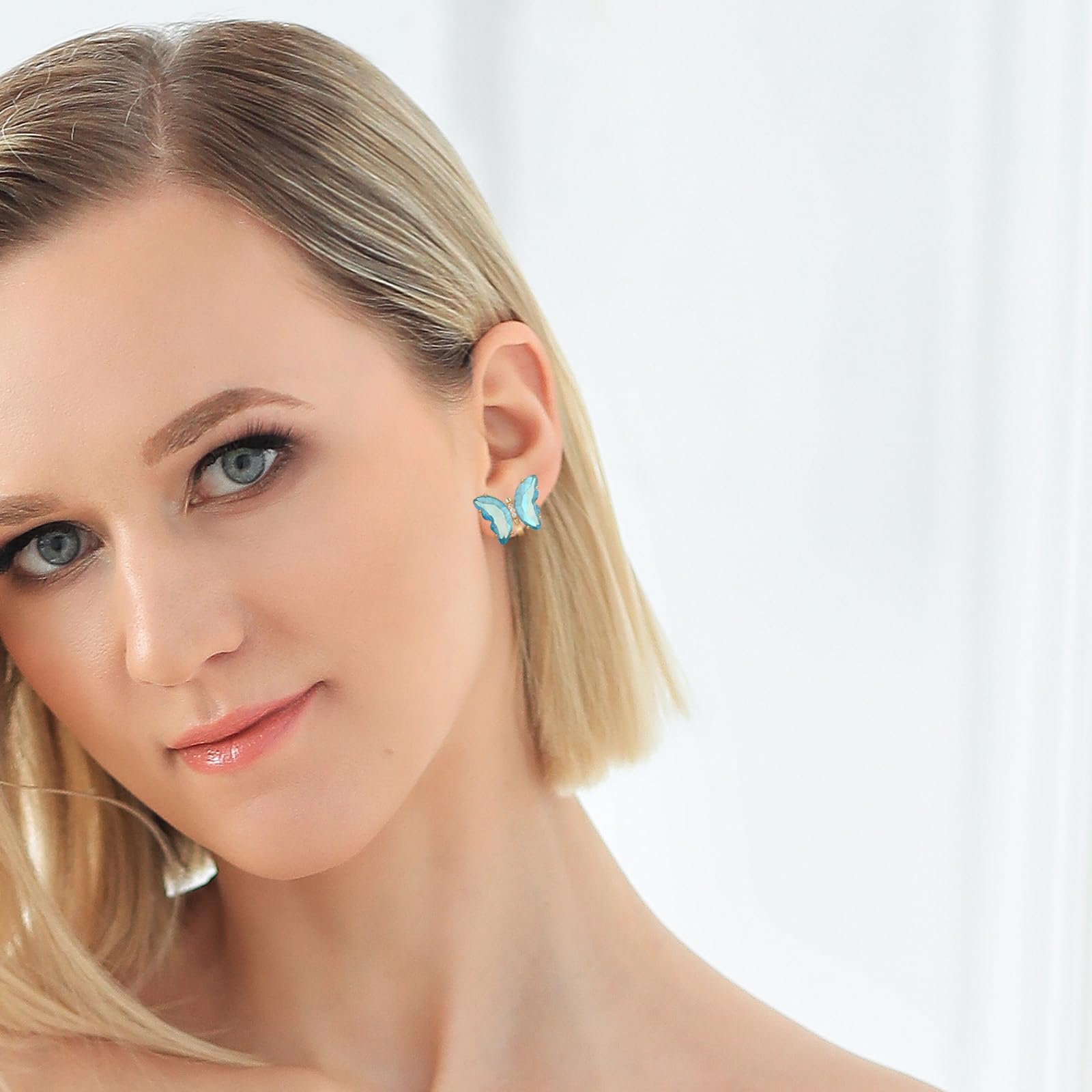 YOQUCOL Butterfly Shape Crystal Clip On Earrings Non Pierced Golden Stud for Women: Light Blue