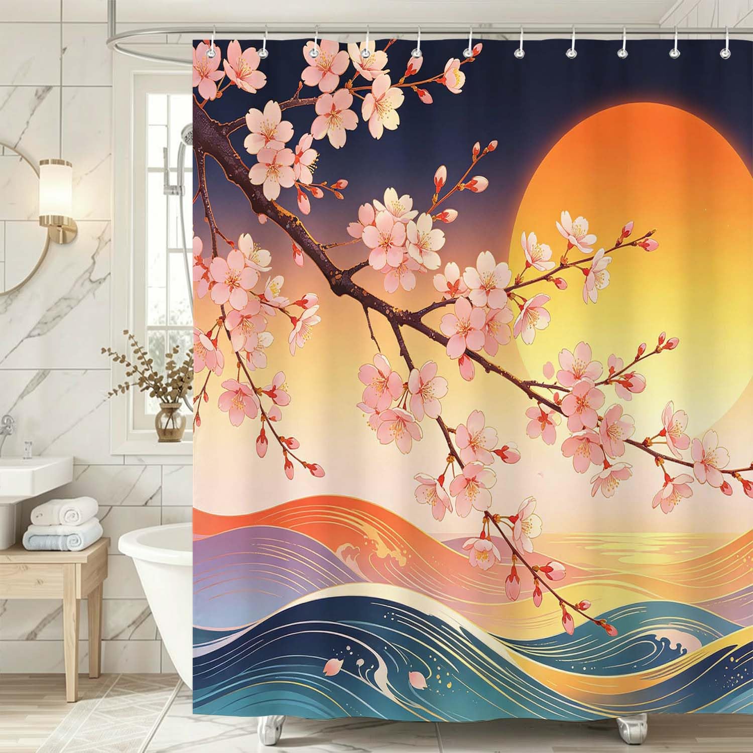 Rideau de Douche Anti Moisissure Fleurs de Cerisier, Rideau de Bain Thème Japonais 3D Rideaux de Douche en Polyester, Imperméable, Lavable en Machine, avec Crochets, 300 x 200 cm 913-YLP