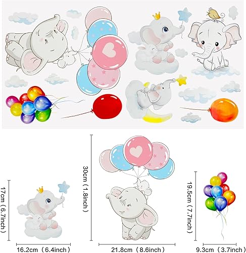 Miniatura 6 de Calcomanías de pared de elefante, lindo globo de elefante, decoración de baby shower, globo de aire caliente, cuarto de bebé, decoración del hogar