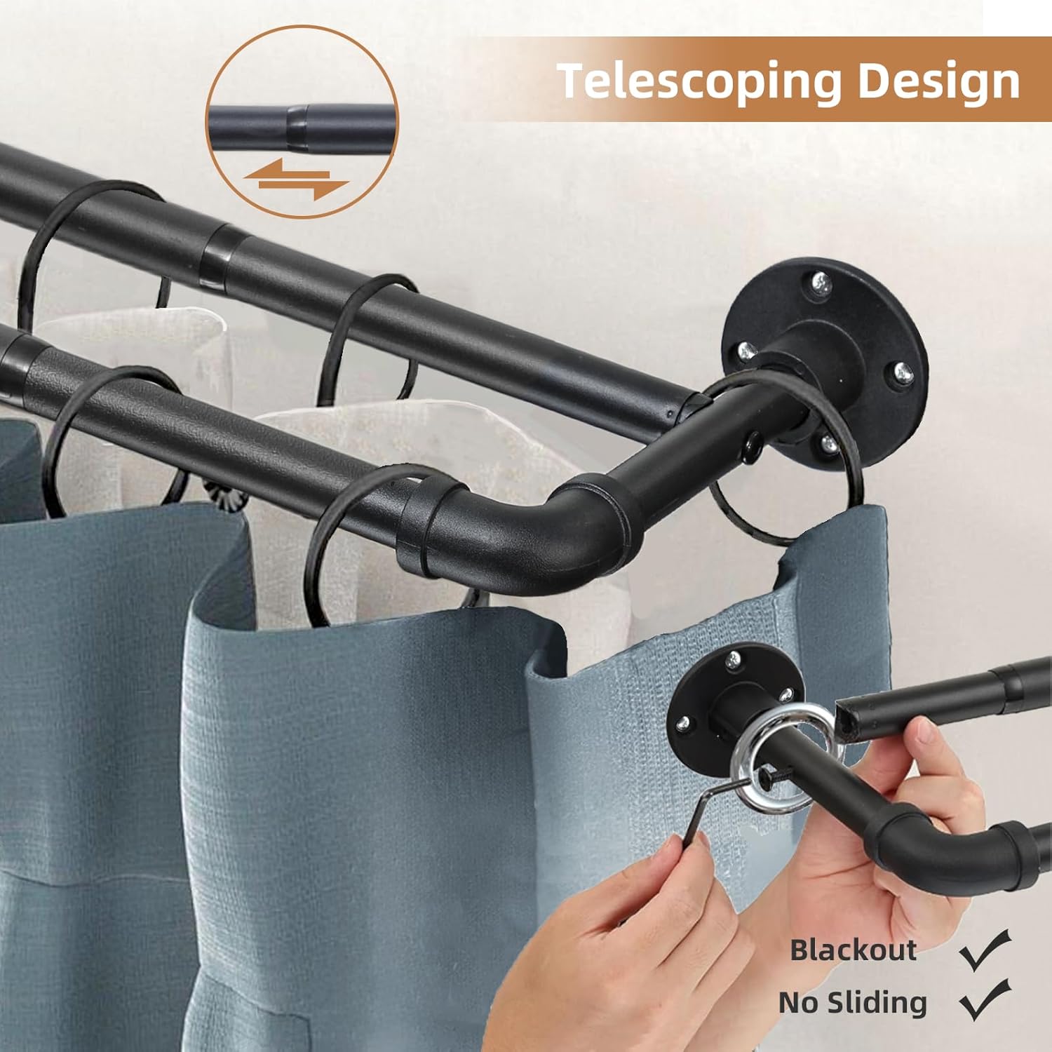 Industrial Double Curtain Rod 31-137 Inch, 1 Inch Heavy Duty Double Wrap Around Rod Adjustable Telescoping Blackout Curtain Rod for Kitchen, Living Room, Bedroom, Bathroom