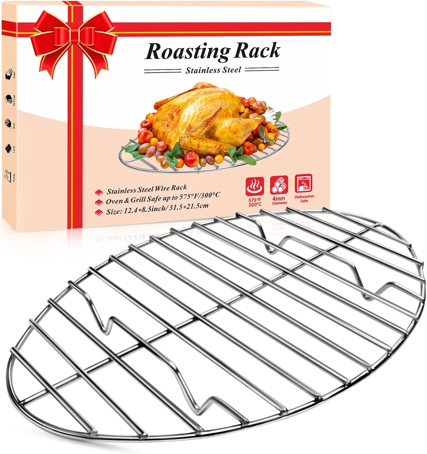 DePango Oval Turkey Roasting Rack,12 Inch Stainless Steel Rack for Thanksgiving Christmas Gifts, Non-Stick Wire Rack Safe for Thanksgiving Turkey, Roasting and Cooling