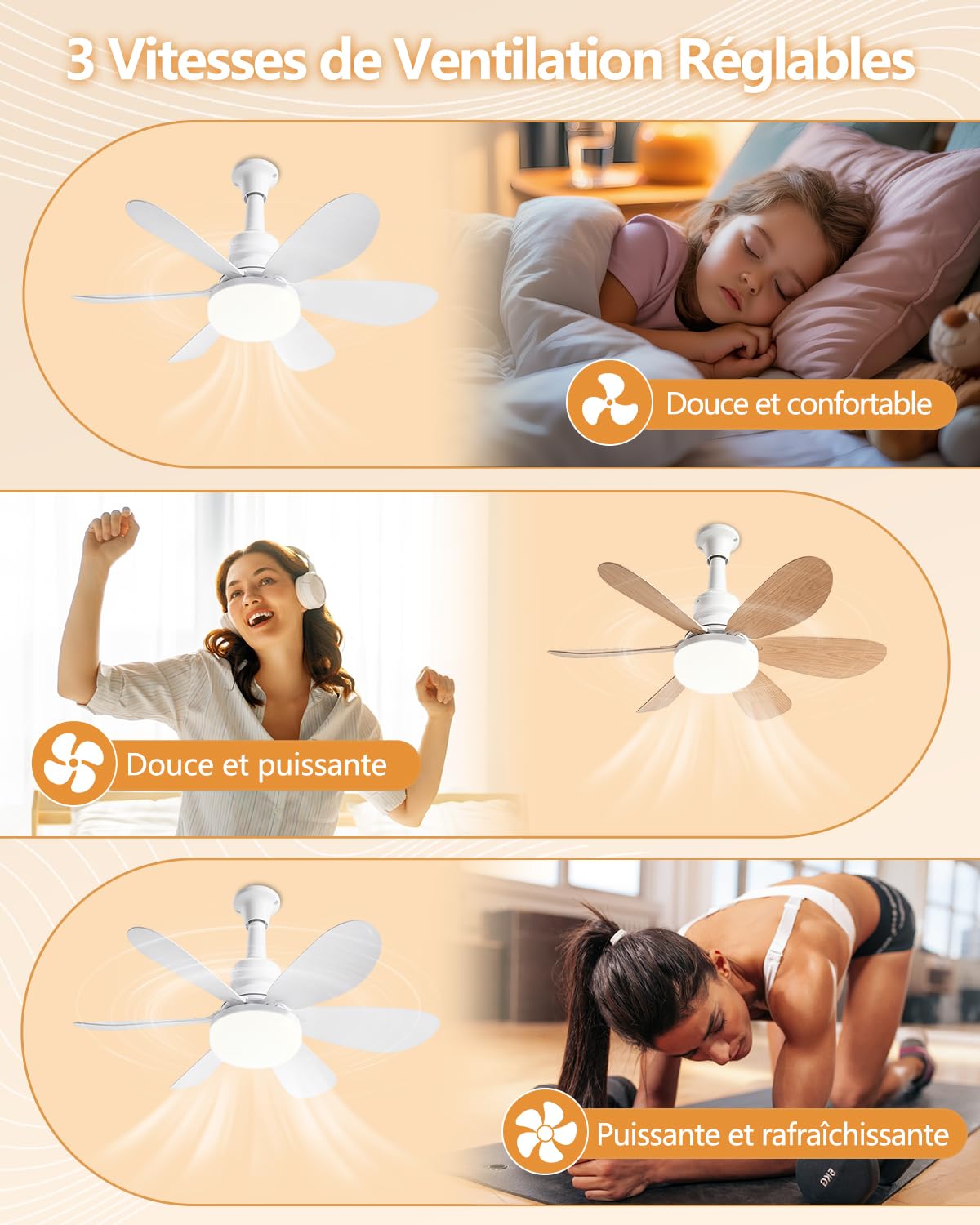 Ventilateur de Plafond avec Lumière, 52CM 40W Petit Ventilateur, avec 2 Jeux de Pales, Douille E27, Silencieux, 3 Vitesses, Telecommande, Zeitgesteuert, Dimmable LED pour Salon Chambre