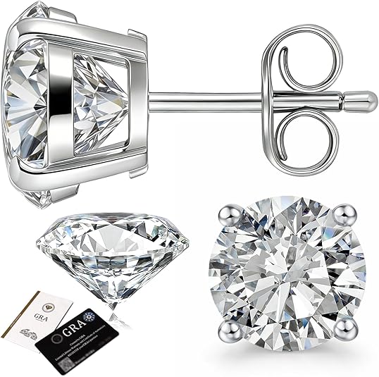 Moissanite Stud Earrings, 0.5CT-2CT 18K White Gold Plated Hypoallergenic Stud Earrings for Women Men, Round Moissanite Earrings Lab Created Diamond Stud Earrings D Color VVS1