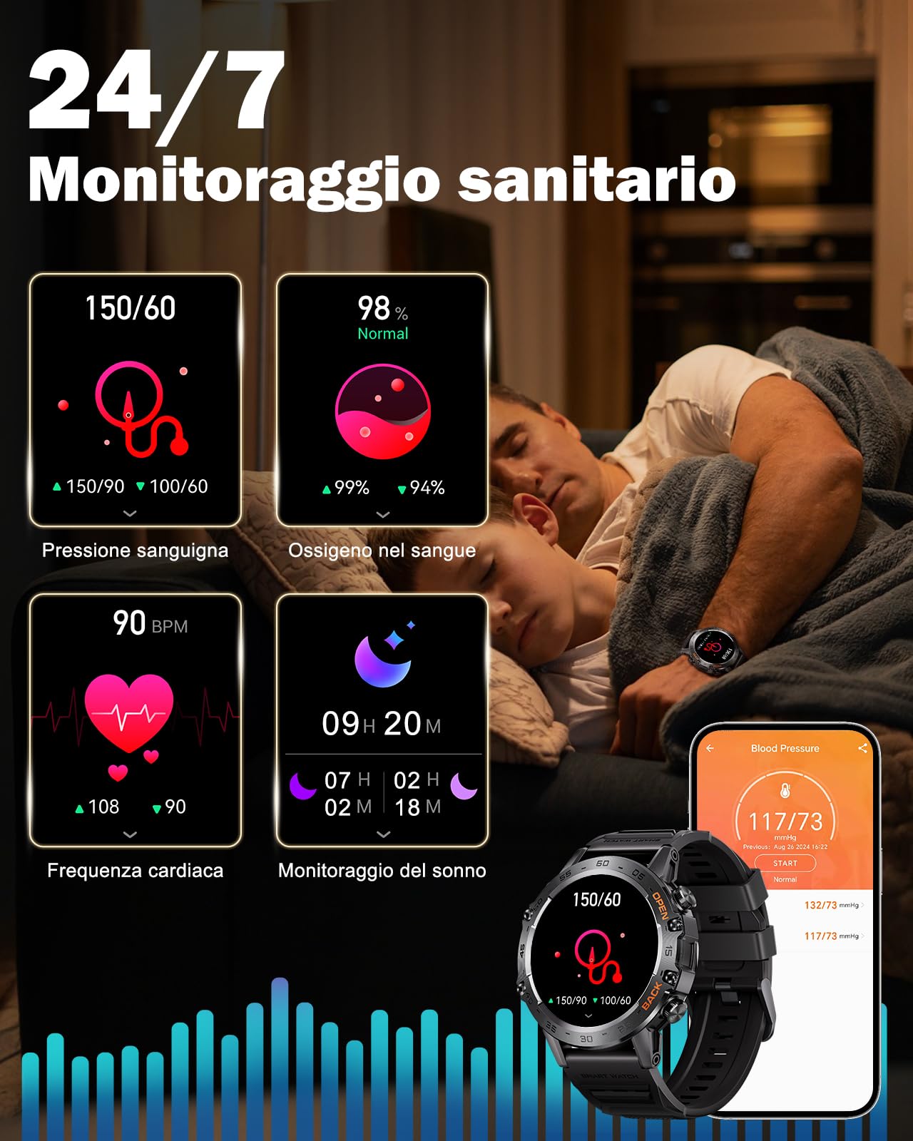 MEGALITH Orologio Smartwatch Uomo Bluetooth: Risposta Chiamate Militare Smart Watch IP67 Impermeabil - Fitness 106+ Sportive SpO2 Sonno Monitor iOS Android Nero