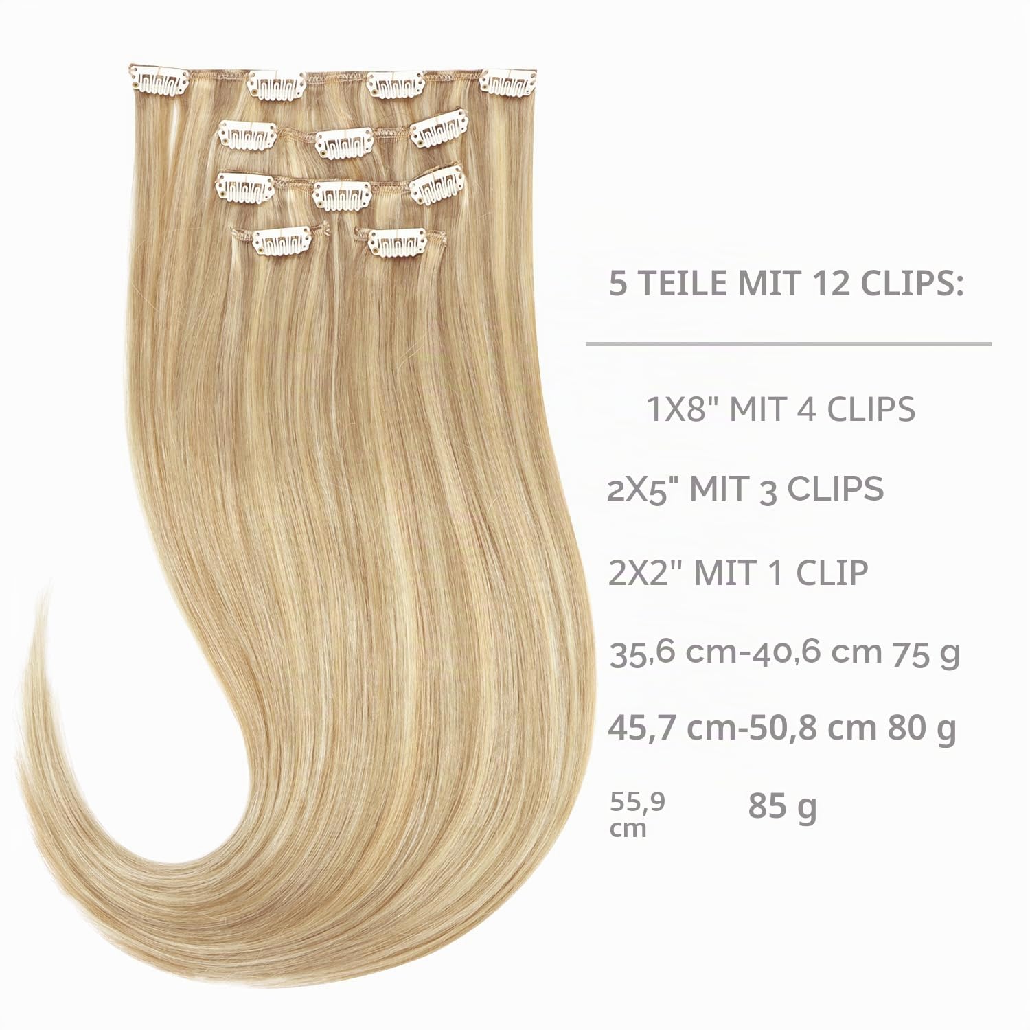 WENNALIFE Clip in Extensions Echthaar 75g 35cm Hellblond Highlights Goldblond Remy Natürliche Haarverlängerung