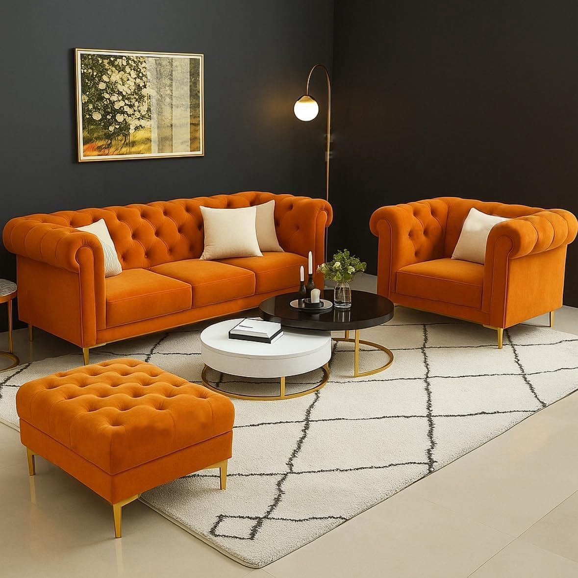Royal Wood Furnishings/Chesterfield Velvet Upholstery 3-Seater with Armchair and Footrest, 3+1+Footrest for Living Room, Bedroom, Hallways (Orange)-image-35