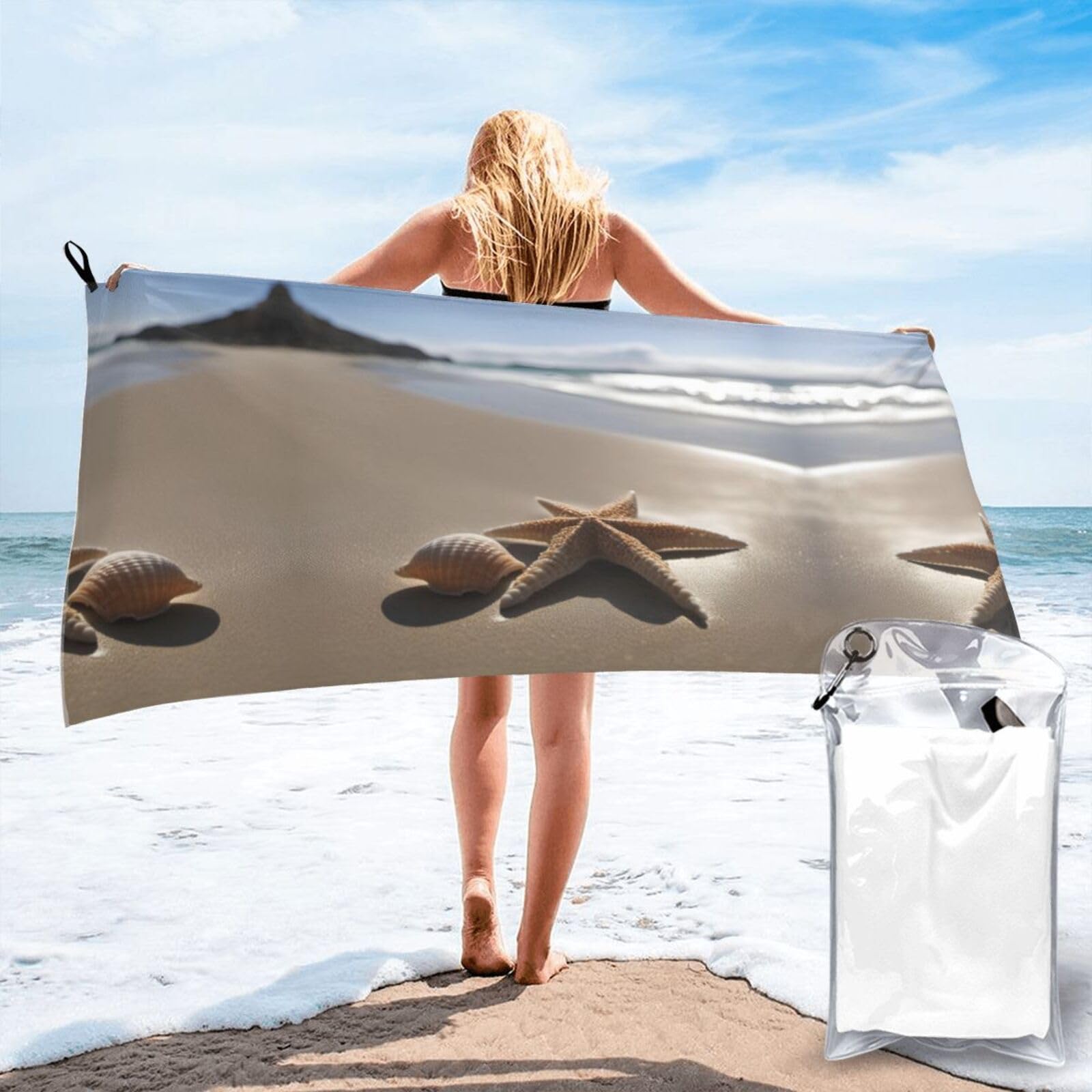 DIEzig Starfish Seashell Sandy Beach Print Beach Towel Fast Dry Thin For Holiday Vacation Cruise Gym Swimmers