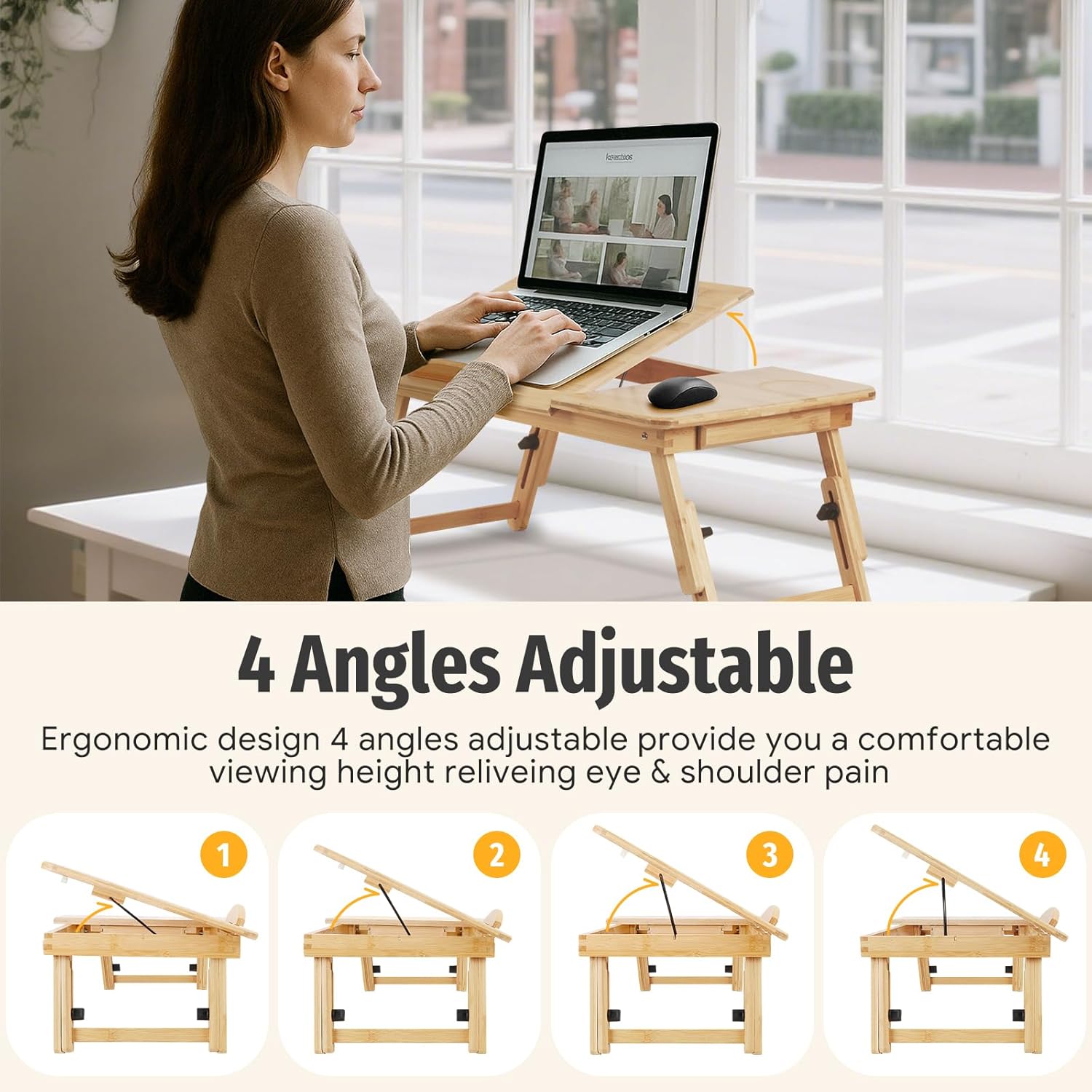 Bamboo Laptop Desk for Bed, Height & Angle Adjustable Foldable Lap Desk with Drawer & Cup Holder, Portable Bed Desk Table for Working, Reading, Writing or Breakfast on Sofa, Couch or Floor