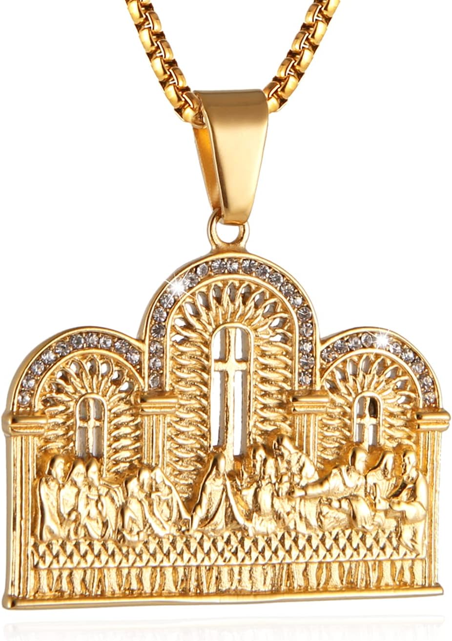 Stainless Steel Gold Plated Lord's Supper Cubic Zirconia Last Supper Jesus with His Disciples Pendant Necklace for Men Hip Hop Jewelry
