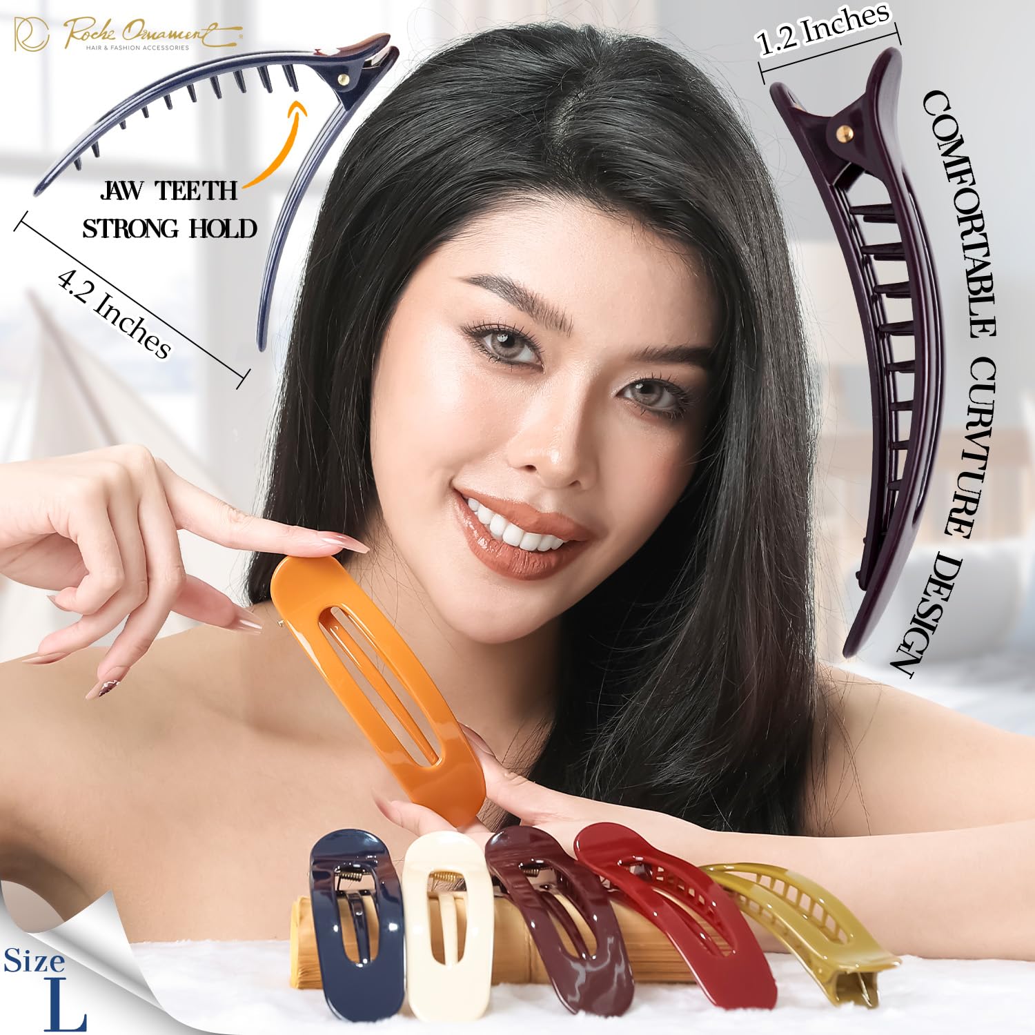 RC ROCHE 6 Pcs Flat Claw Hair Clips for Women Lay Down Barrettes No Crease Side Slide Thick Long Hair Duckbill French Against Head Jaw Claw Styling Jumbo Extra XL Clamp, Large Classic - Image 2