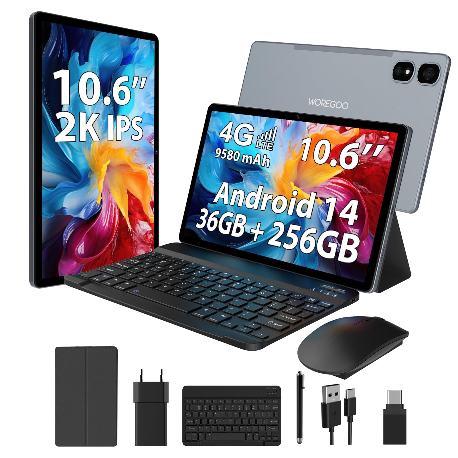 WOREGOO 10.6 Pollici Tablet Android 14, 4G LTE e 5G WiFi, 2.0GHz Octa-Core, 36GB RAM+256GB ROM (1TB TF), 2K 2000x1200 FHD Display, GMS/GPS/8+13MP/Batteria 9580mAh con Tastiera+Mouse (Grigio)