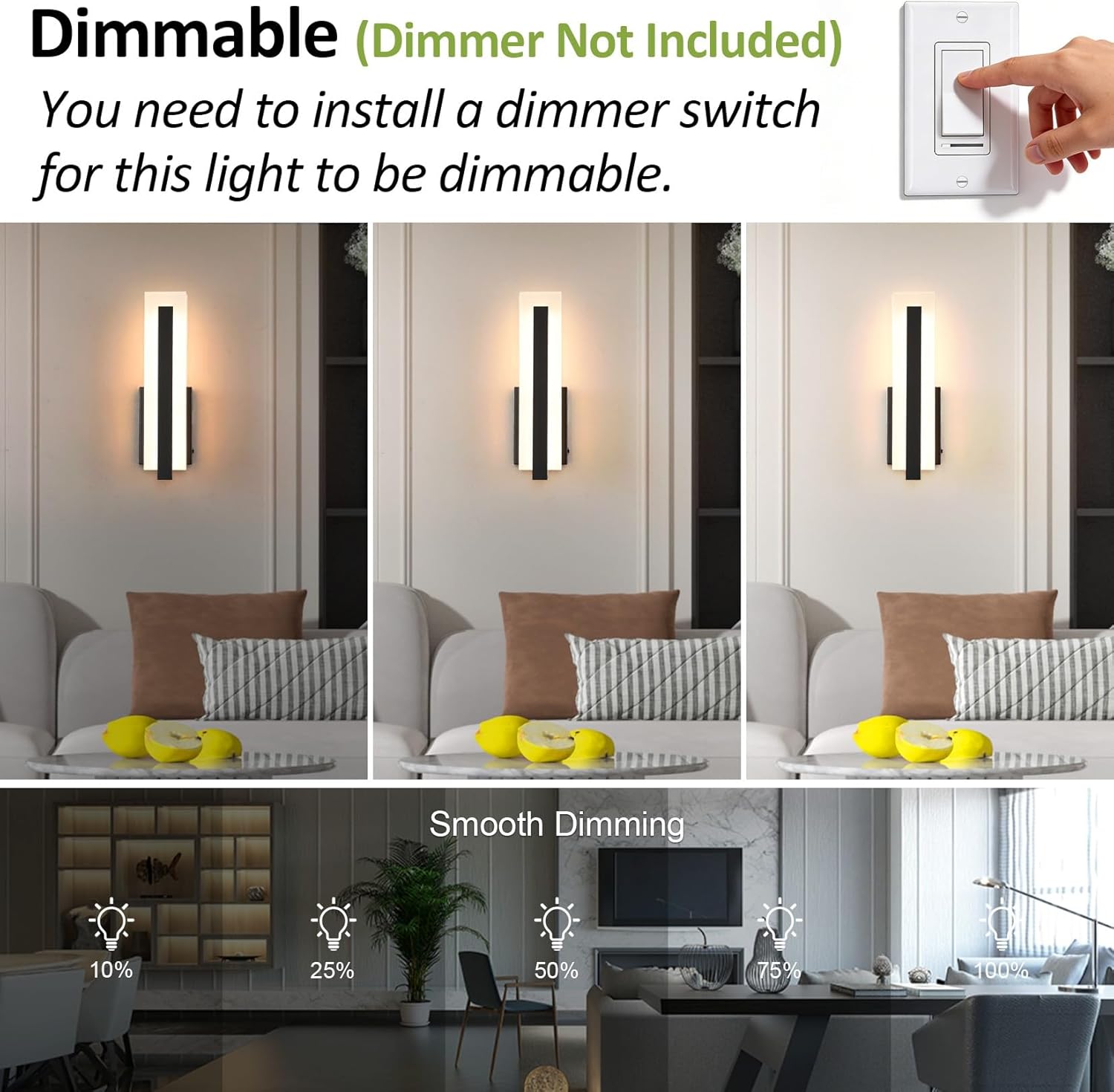 Tipace Hardwired Black Dimmable Modern LED Wall Sconce 2 Packs 3000K 3500K 4000K 5000K 6000K Indoor Wall Lights Up and Down Wall Mount Light for Living Room Bedroom Hallway Corridor(5CCT)