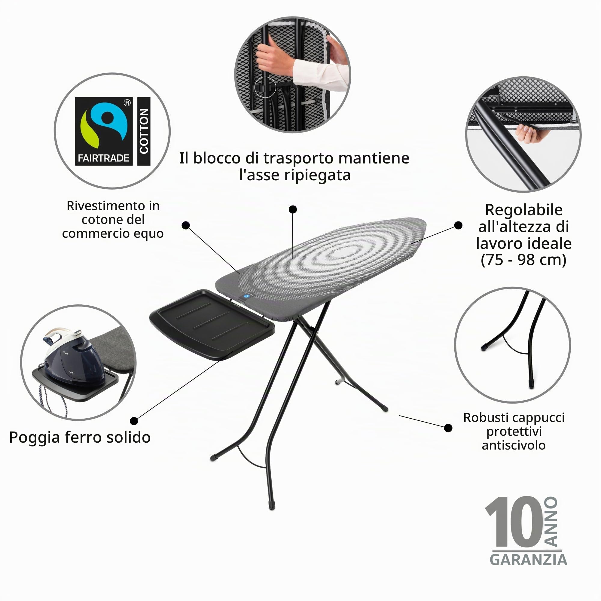 Brabantia - Asse da stiro C - Supporto per unità vapore extra large - Regolabile in altezza - Piedini in gomma antiscivolo - Rivestimento in cotone con strato in schiuma - Mobile XL pieghevole -