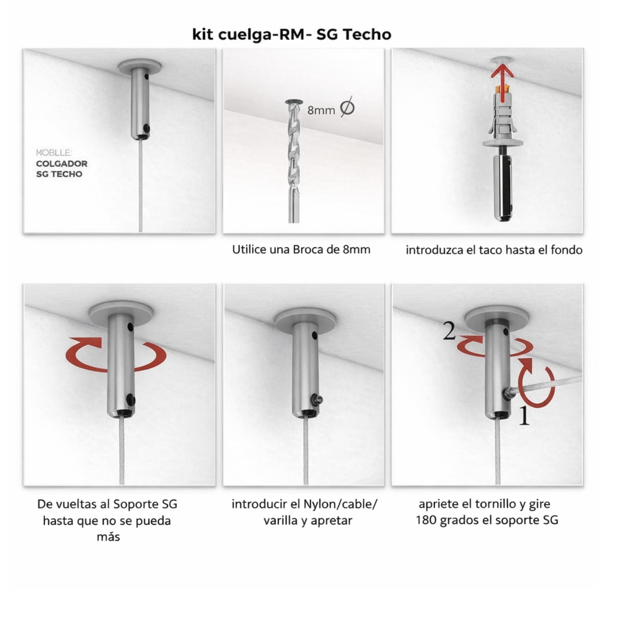 Gancho para colgar cuadros | Gancho RM con ajuste manual | Cable de acero de 2 m | Altura regulable sin herramientas | Soporta hasta 15 kg | Incluye taco expansivo - 5 unidades