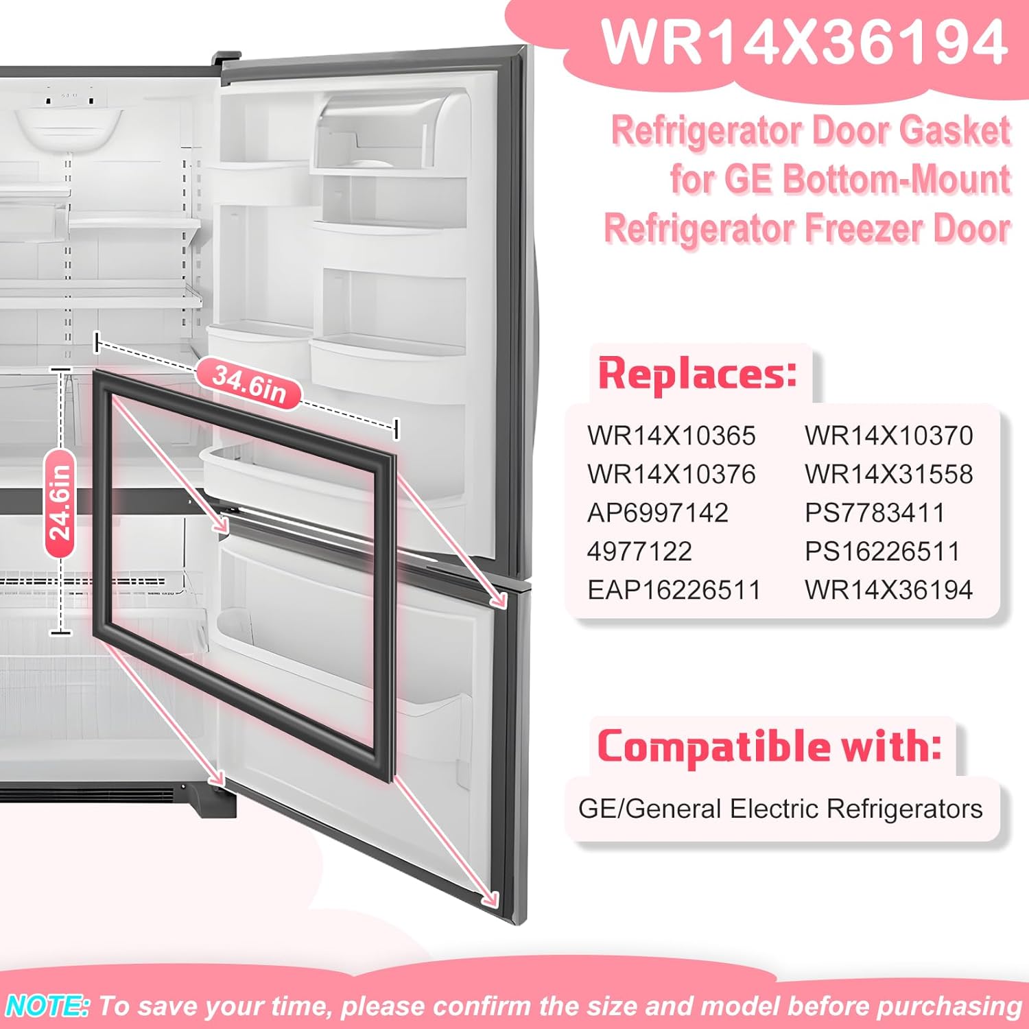 LXun Upgrade WR14X36194 Refrigerator Freezer Door Gasket Replacement Part for GE Refrigerator Door Gasket Seal Parts WR14X36194 WR14X10365 WR14X10370 WR14X10376 AP6997142 WR14X31558 Seal Part