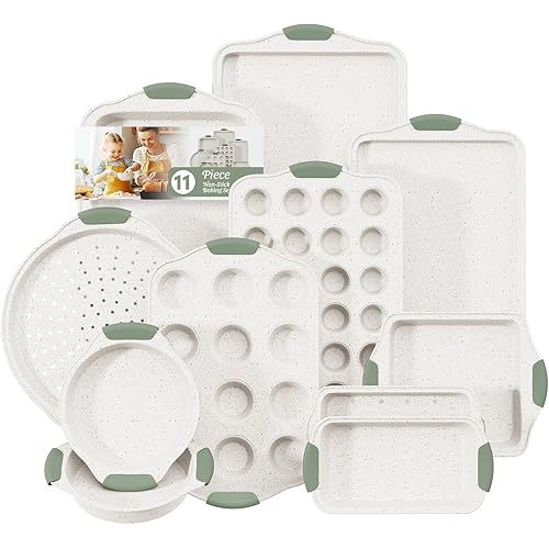11-Piece Non-Toxic Baking Set, Stackable Nonstick Cookware with Heat-Resistant Handles - Includes Cookie Tray, Round Cake Pan, Muffin Cups, Pizza Pan & Loaf Baker, White&Light Green