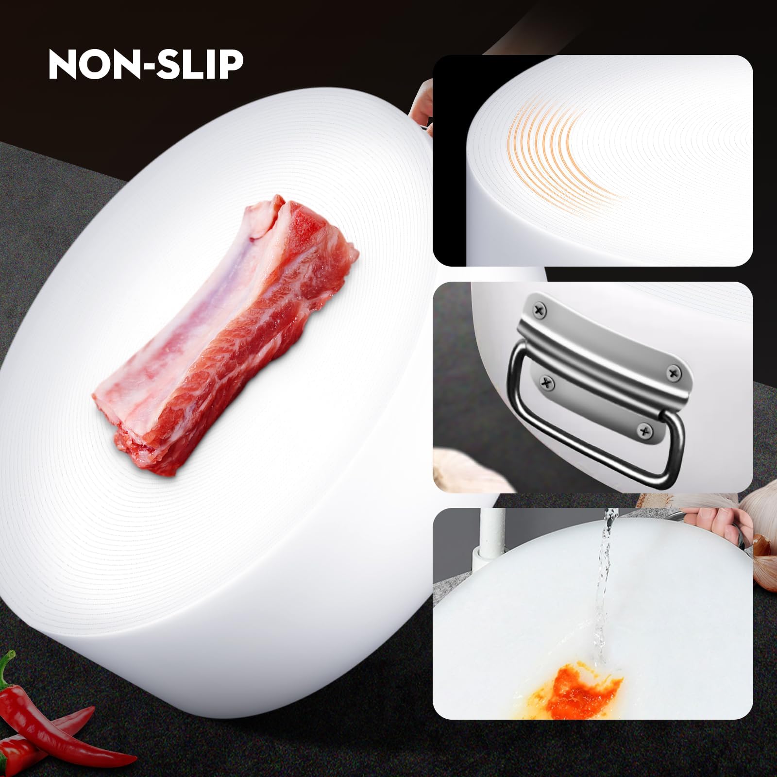 Tabla de cortar redonda grande de plástico de 18.9 pulgadas, tabla de cortar comercial, resistente, antideslizante y gruesa para cocina de carne