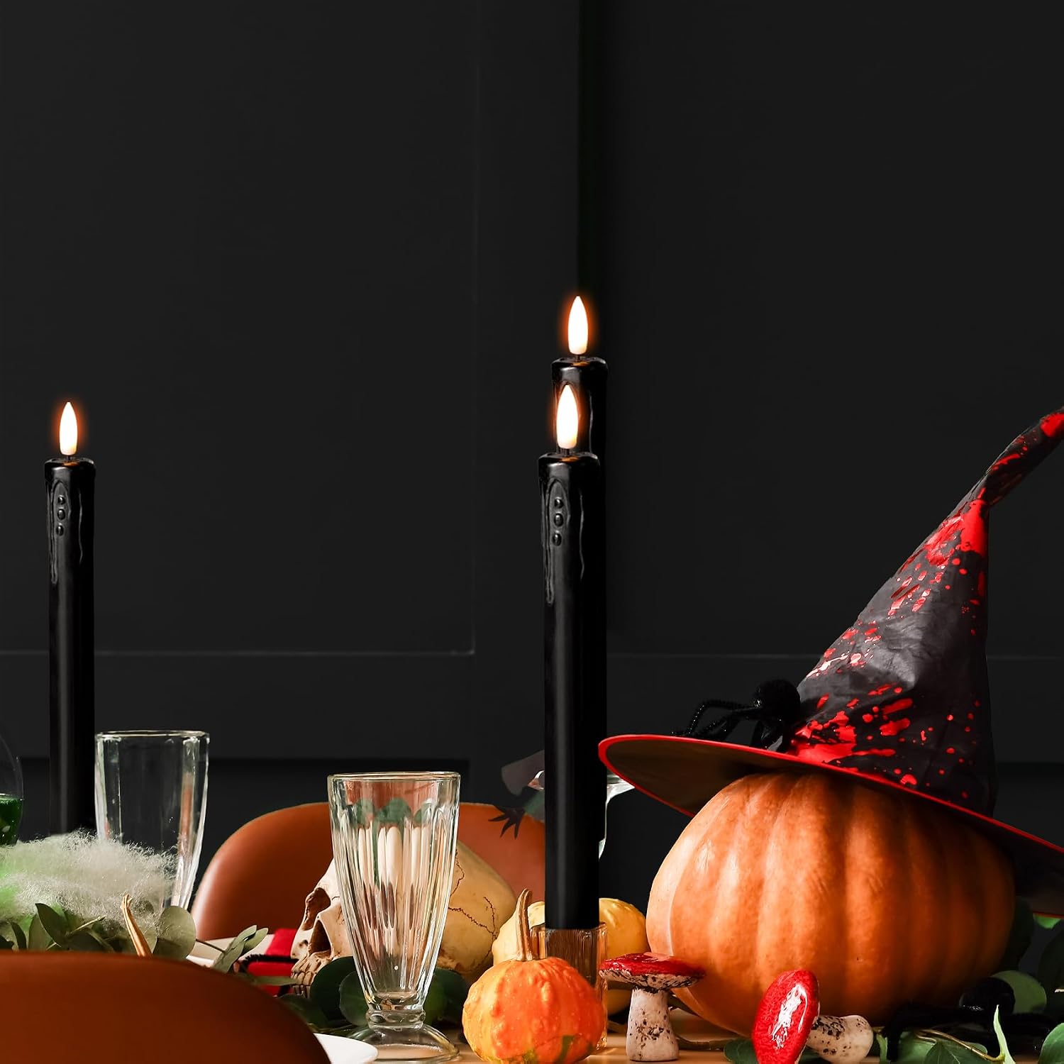 Black Dripping Wax Halloween Flameless Taper Candles with Remote Set of 6