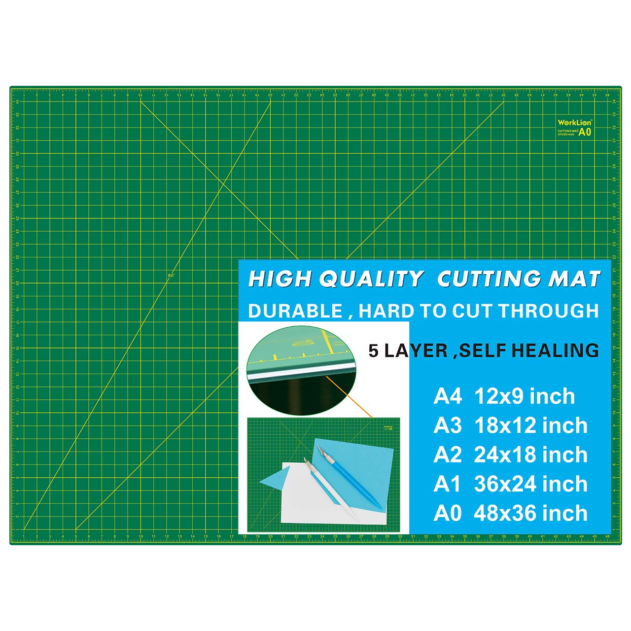 WORKLION36" x 48" Self Healing Cutting Mat: Double sided 5-Ply Non-Slip - Professional for Scrapbooking & Quilting & Sewing & Arts & Crafts Project (Green)…