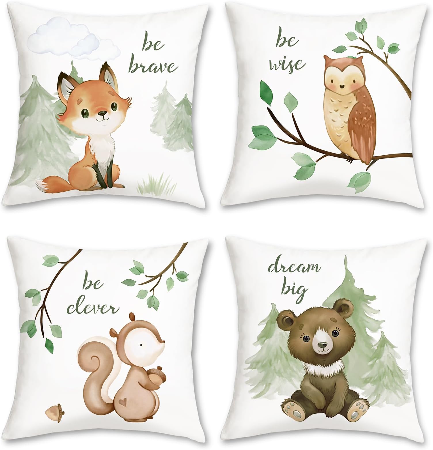 Bonhause Spring Forest Animals Throw Pillow Covers 18 x 18 Inch Fox Bear Squirrel Owl Kids Pillows Case for Sofa School Home Decor Set of 4