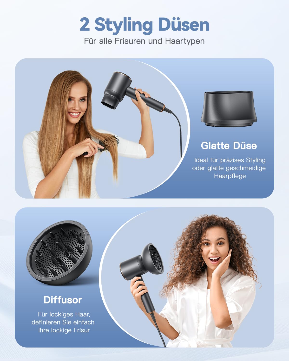 Ionen Föhn mit Diffusor 1800W - DEWILY Schnelltrocknen Haartrockner Hair Dryer, 3 Temperatureinstellungen/ 2-Gang, Kompakt Tragbar Reisefön mit Diffusor für Locken, Grau