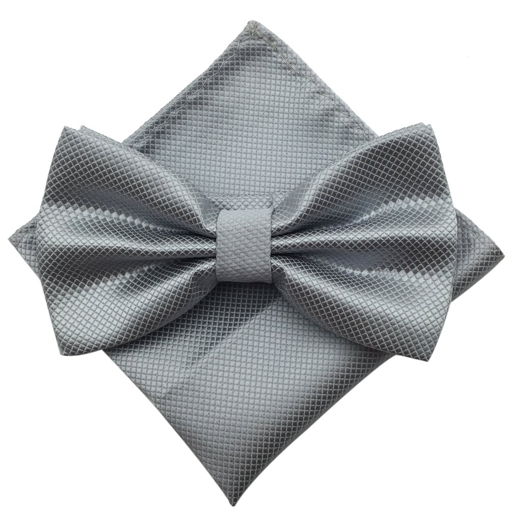 Men's Fashion Silvery Dots Pre-tied Bowtie Pocket Square Set (Plaid Light Grey)