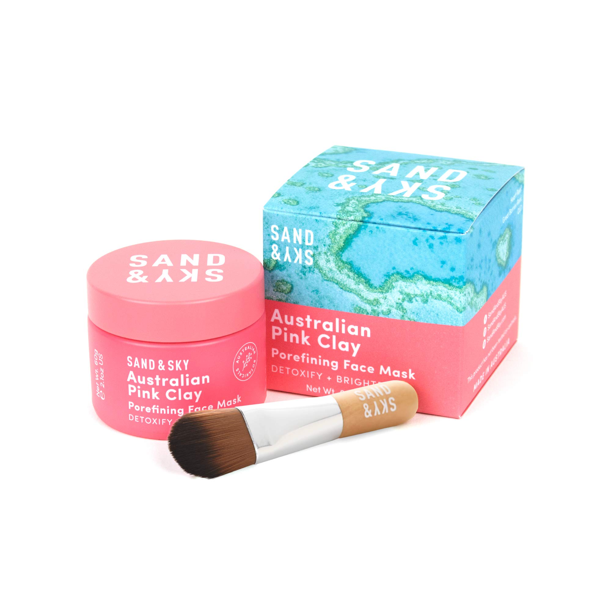 Sand & Sky Australian Pink Clay Porefining Face Mask Skin Care | Pore Minimizer With Face Mask Brush Applicator