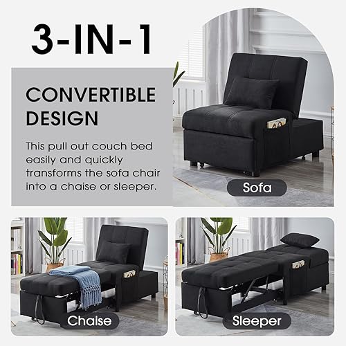 Miniatura 5 de NIOIIKIT Cama extraíble convertible 3 en 1, sofá cama individual tapizado de lino con bolsillos laterales, diván para sala de estar (lino negro)