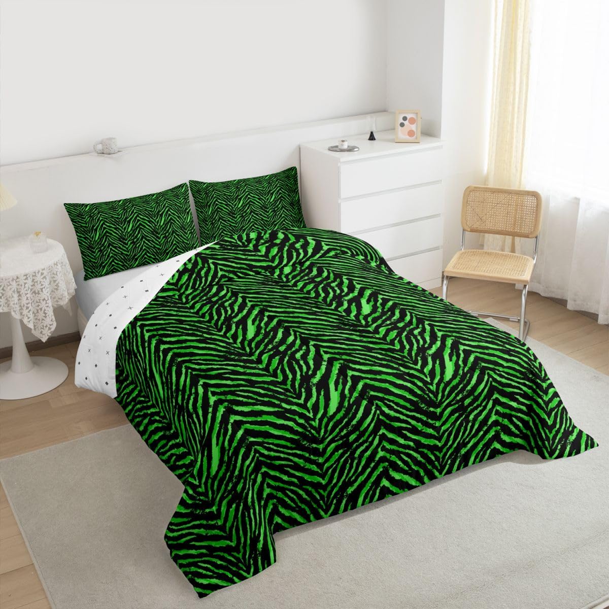 Zebra Print Bedding Set Full Size Africa Wildlife Stripes Animals Comforter Set 3pcs Fashion Neon Green Black Quilt Set for Kids Girls Teens Boys Room Decor Romantic Duvet Insert,2 Pillowcases