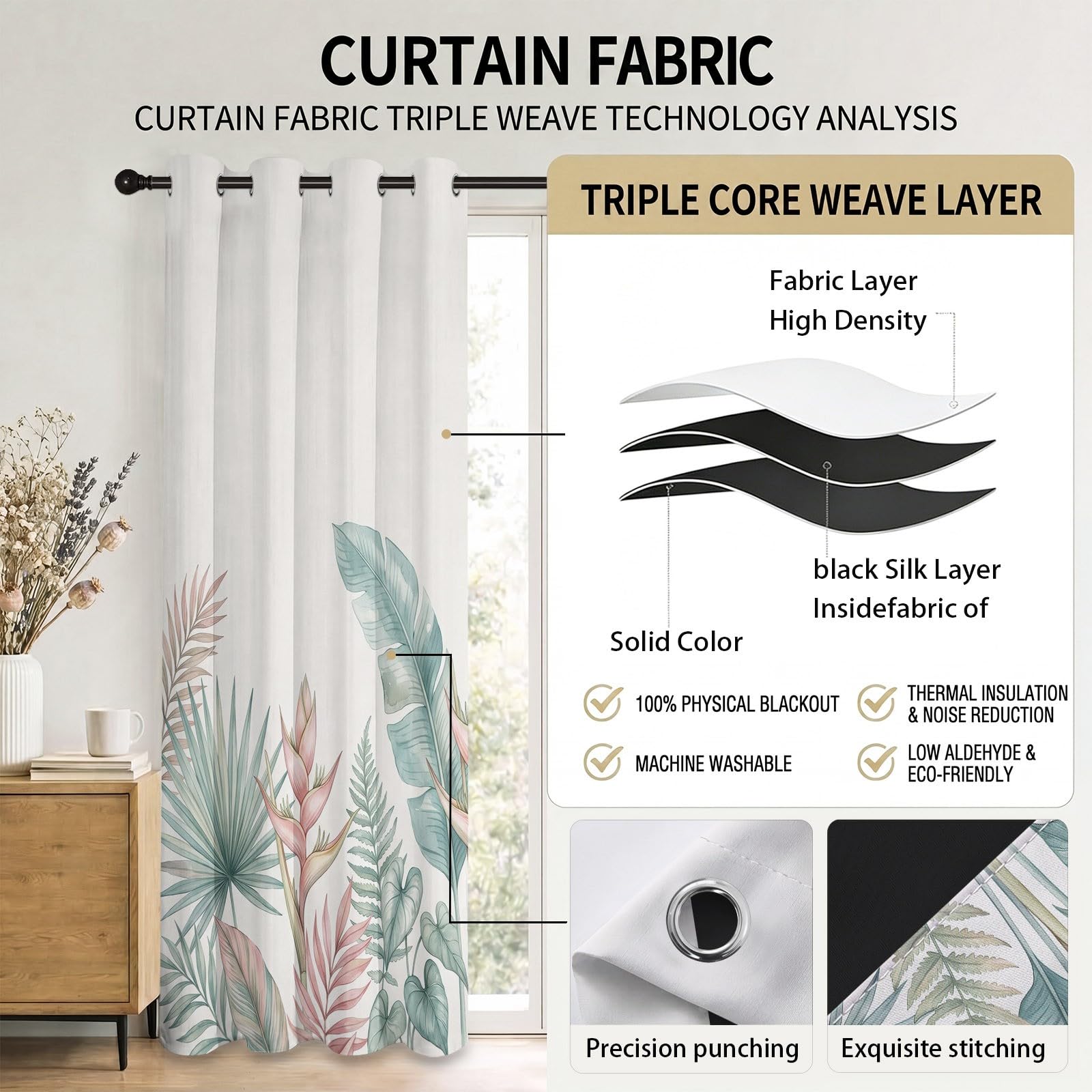 Rideau Occultant Motif Tropical Plantes - Beige Rideaux Thermiques Imprimé Aquarelle Banane Feuille pour Salon Chambre Fenetre, Lot de 2 Rideaux et Draperies Intérieurs à Oeillets, 140L X 240H cm