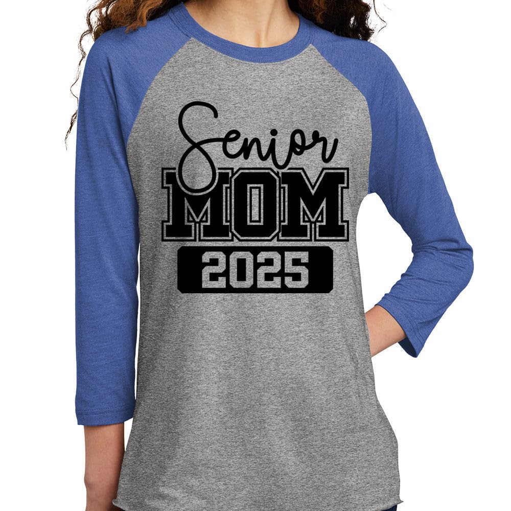 TeesAndTankYou Senior Mom 2025 Three-Quarter Raglan Sleeve Baseball Shirt Unisex Small Grey/Royal