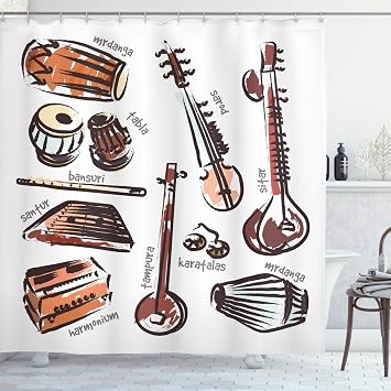 Lunarable Tampura Shower Curtain, Orchestra Retro Sitar and Tabla Western Harmonium Mrdanga Illustration Music Art, Cloth Fabric Bathroom Decor Set with Hooks, 69" W x 75" L, Multicolor
