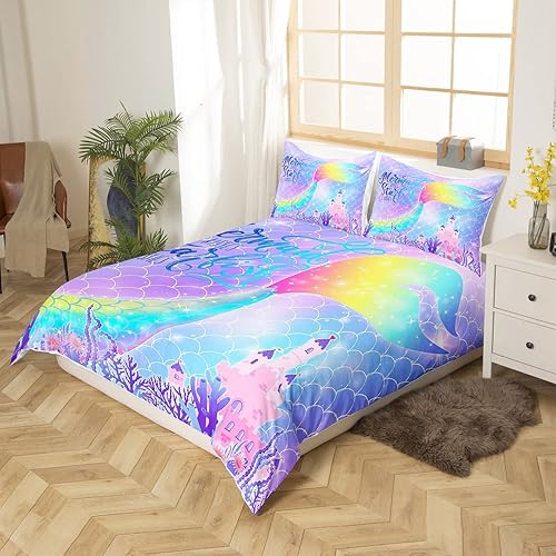 Miniatura 3 de Castle Fairy Juego de funda de edredón de cola de pez de sirena, tamaño Queen, juego de ropa de cama de escamas de sirena de acuarela arcoíris, 3