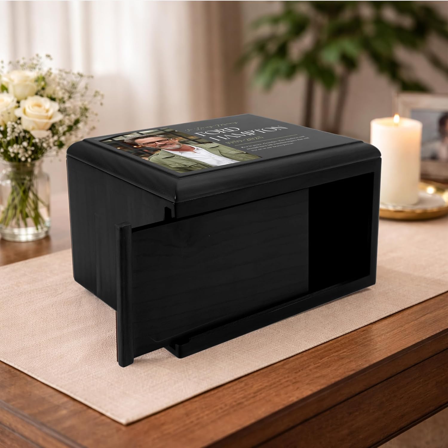 Personalized Wooden Urns for Human Ashes - Custom Cremation Urn for Adult up to 170 lbs - Add Your Photo and Text - Custom Burial Memorial Keepsake, Blk (Design 6) - Image 9