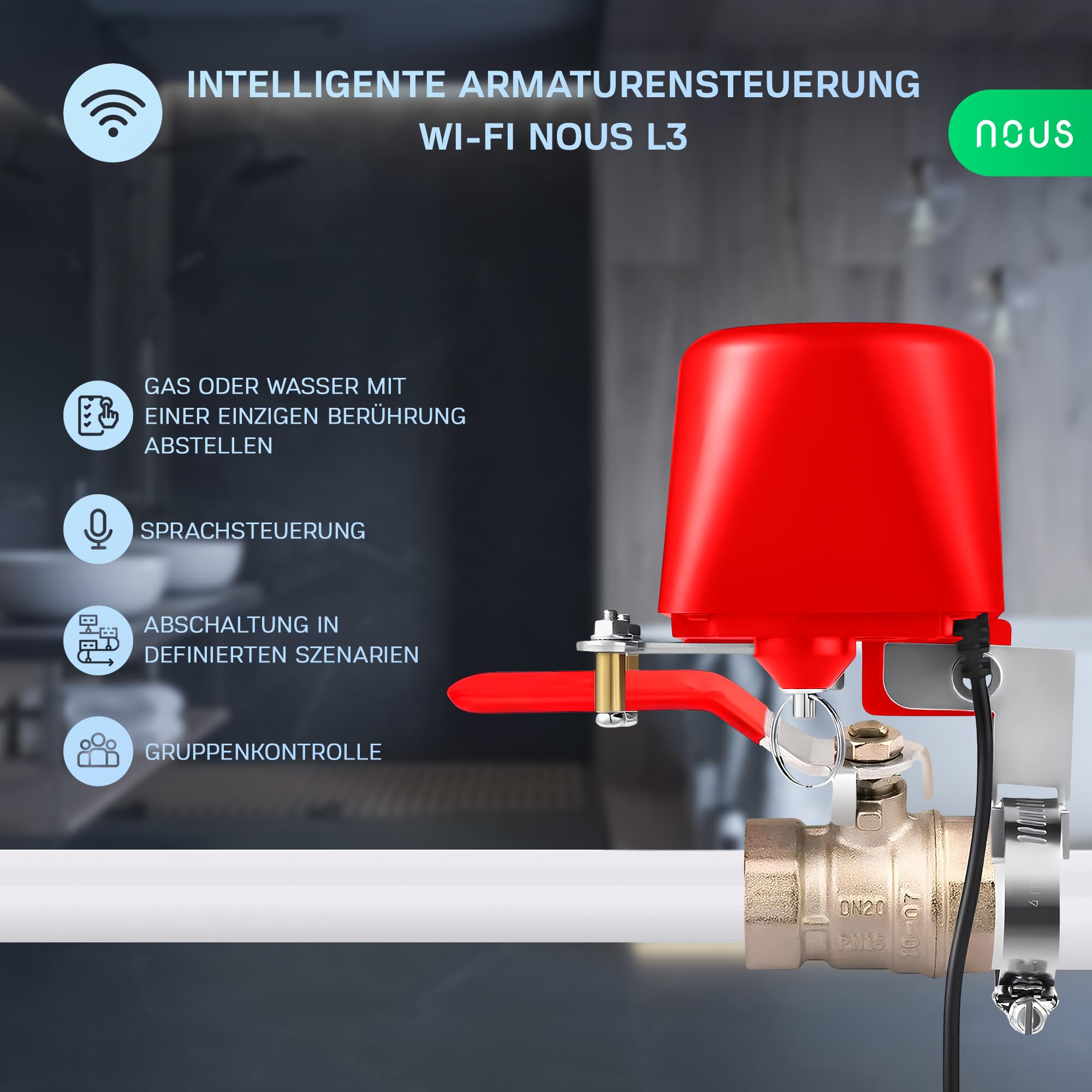 NOUS L3 Wifi Wasserventil elektrisch, Google Assistant, Amazon Alexa, Alexa kompatibel, NOUS Smart Home App, Life TUYA, Zeitschaltuhr Gartenbewässerung Smart, Wasserventil WLAN, Only 2.4 GHz WiFi Red